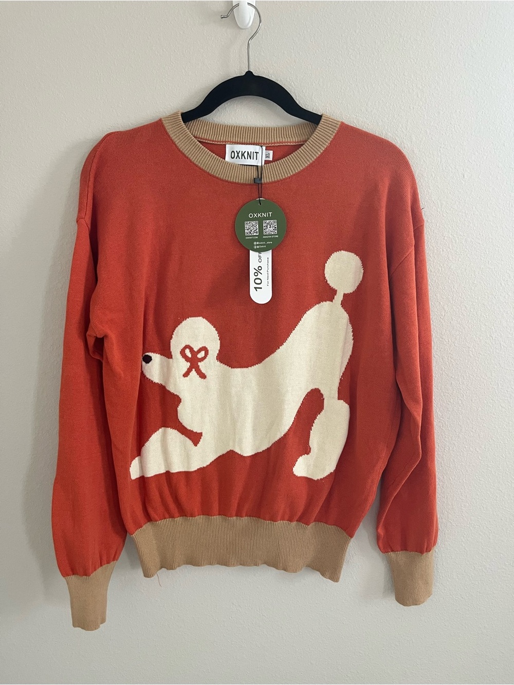 OXKnit Women's Orange Vintage Poodle Jacquard Knit Sweater NWT Size XL